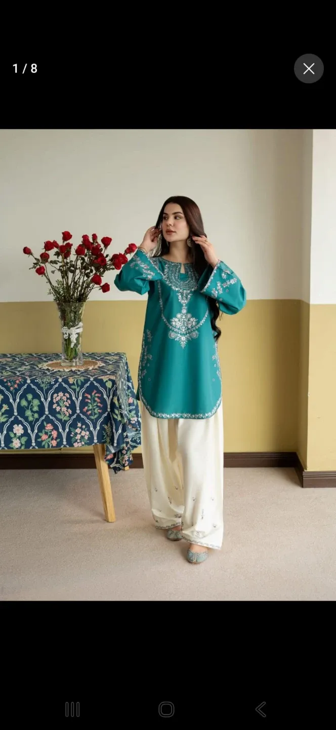 Teal Embroidered Tunic with Cream Pants