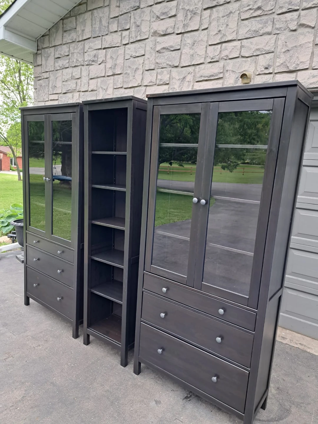 Dark Brown Cabinet with Glass Doors and Drawers