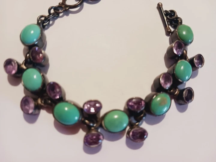 AF 925 STERLING SILVER GENUINE TURQUOISE & AMETHYST BRACELET - photo 3