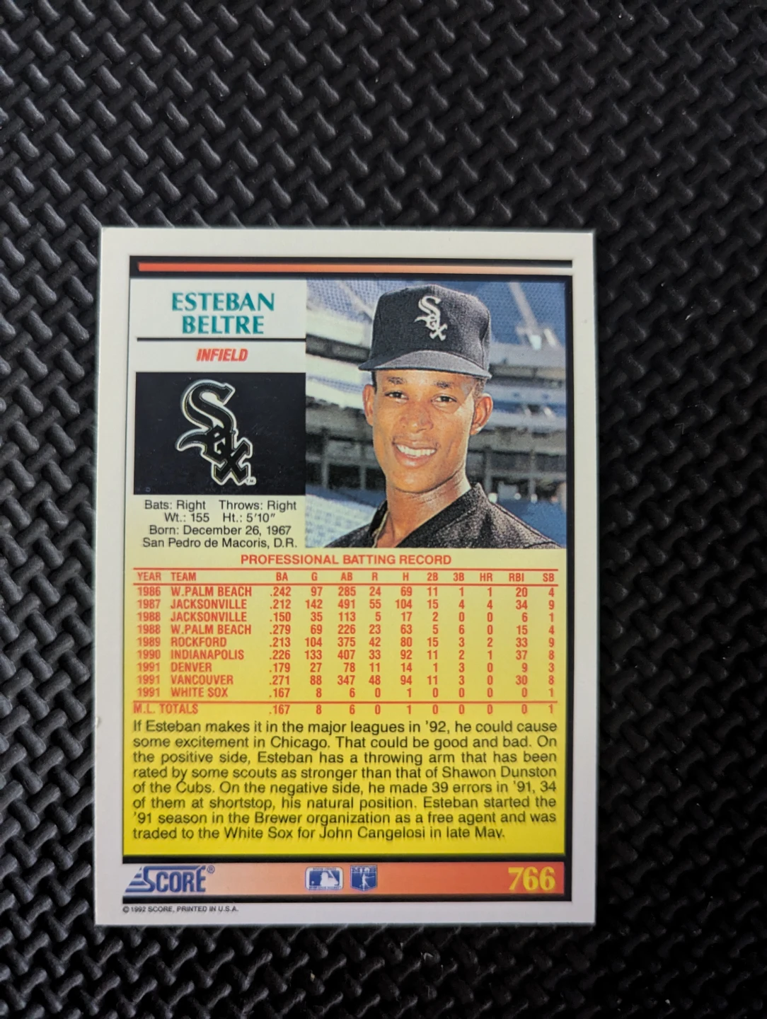 ⚽ 1992 Score Baseball Card - Esteban Beltre Rookie Prospect - photo 2