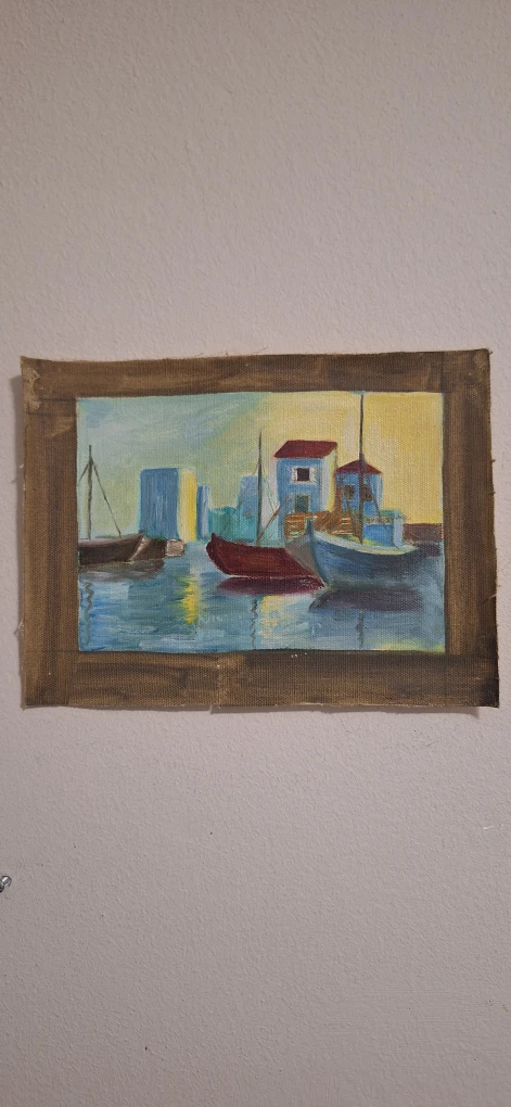 Oil Painting of Boats in Harbor - photo 2