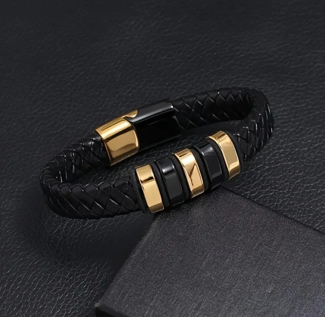 Men's Black Braided Leather Bracelet with Gold and Black Accents