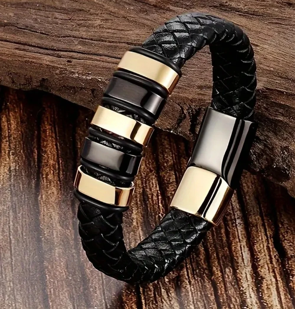 Men's Black Braided Leather Bracelet with Gold and Black Accents - photo 2