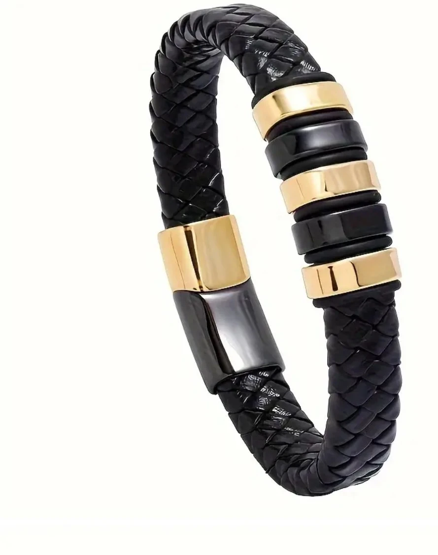 Men's Black Braided Leather Bracelet with Gold and Black Accents - photo 3