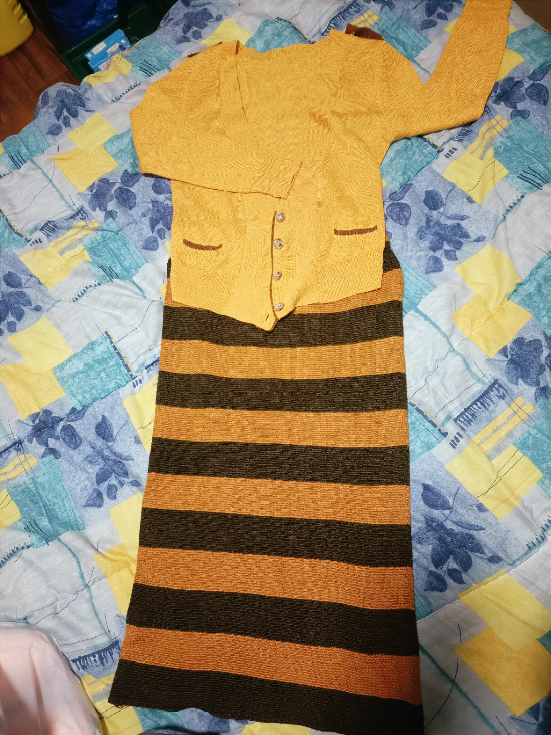 Yellow Cardigan and Striped Skirt Set