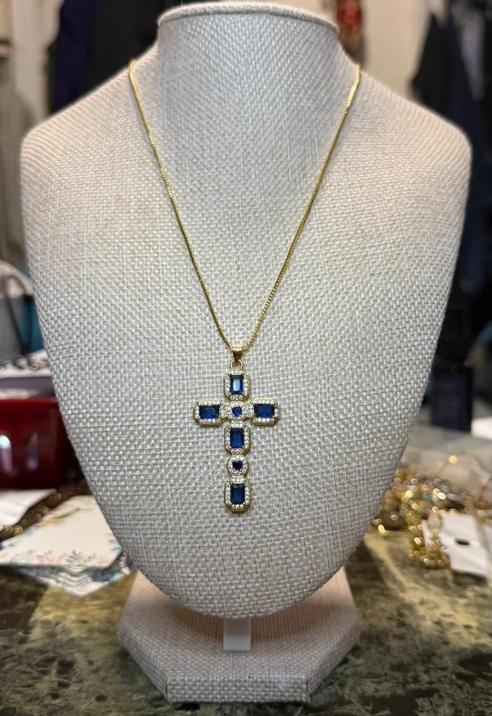 Gold Tone Cross Pendant Necklace with Blue Stones