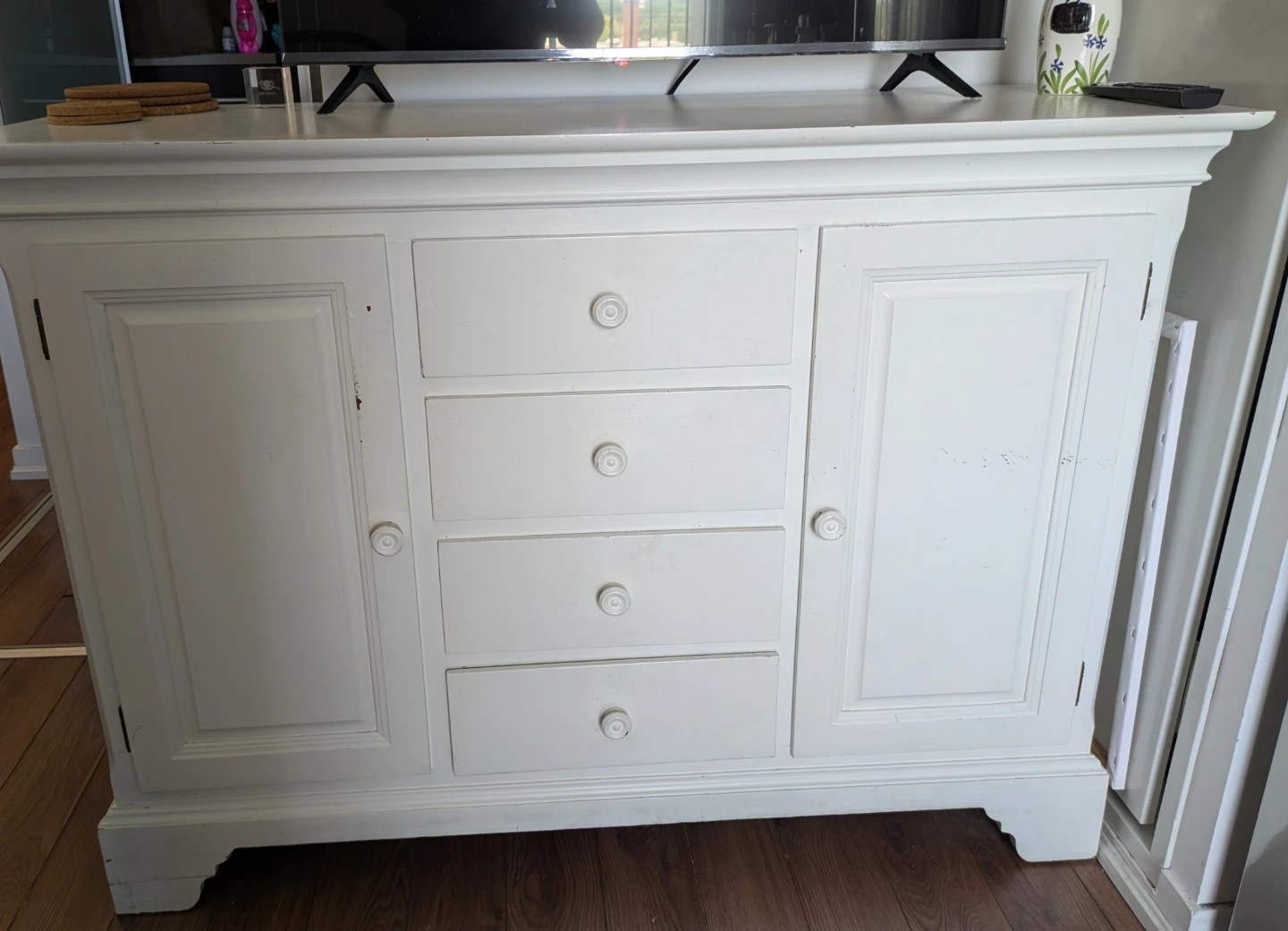 White Sideboard with Drawers and Cabinet Doors