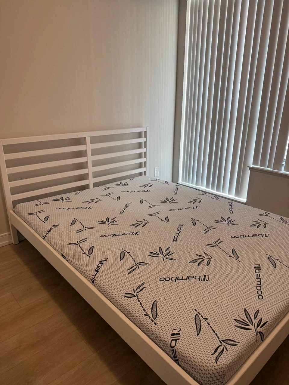 IKEA White Wooden Bed Frame - Queen Size  with bamboo mattress
