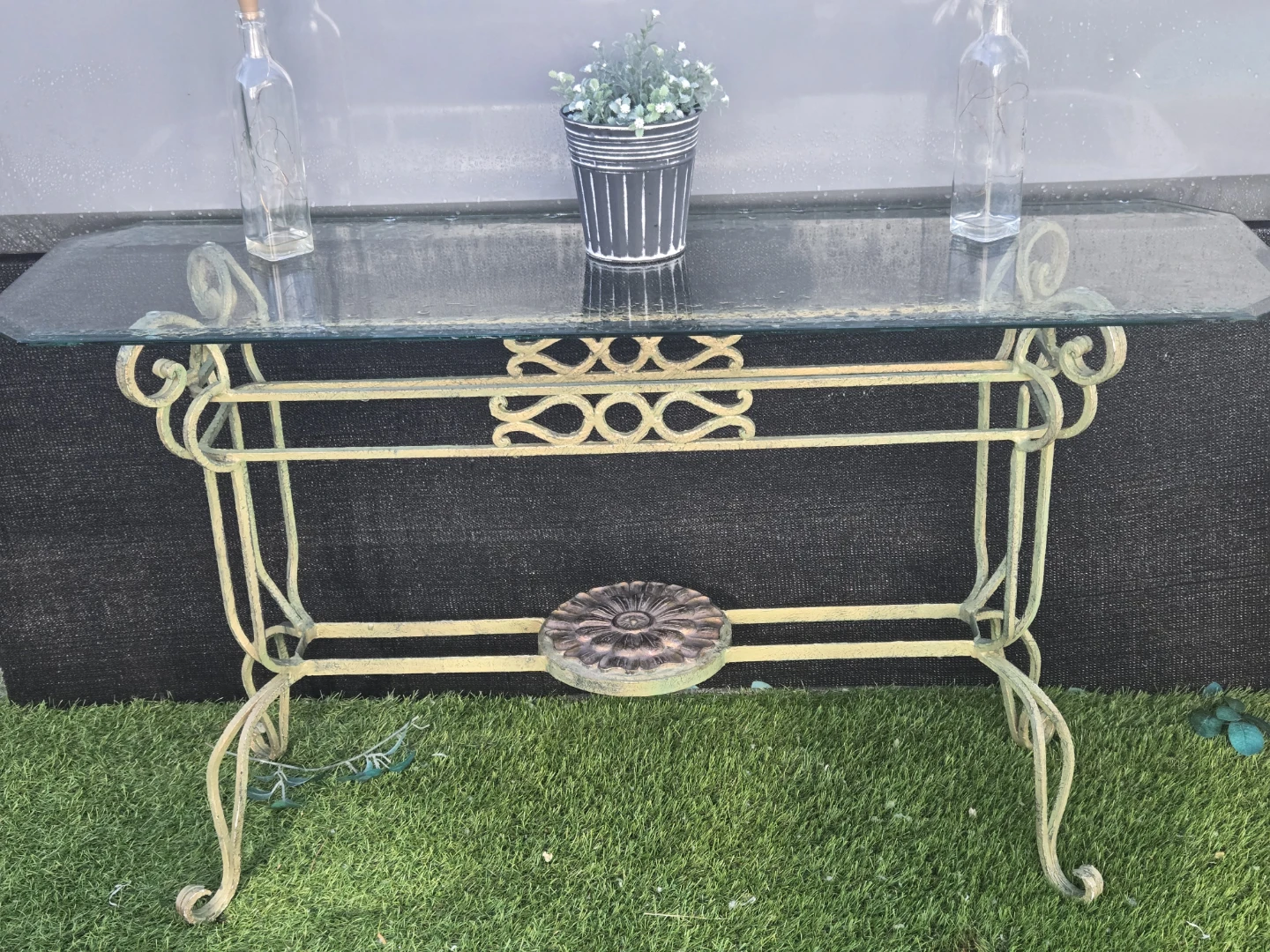 Vintage Glass and Wrought Iron Console Table