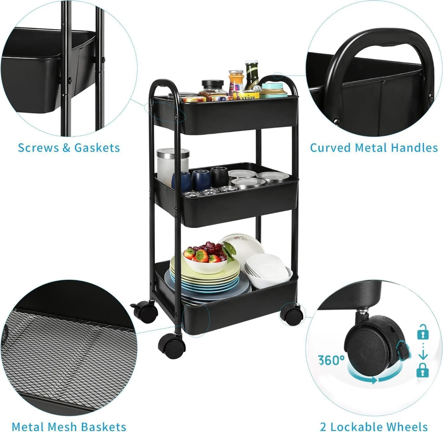 Black 3-Tier Rolling Storage Cart - photo 2