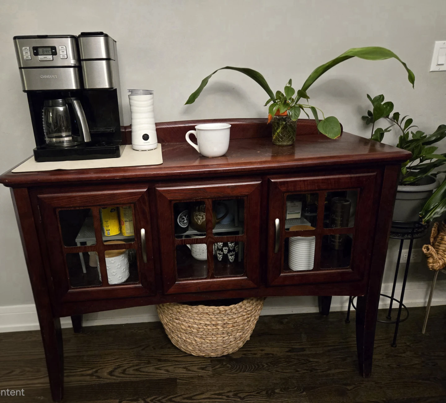 Dark Wood Console Table with Glass Doors