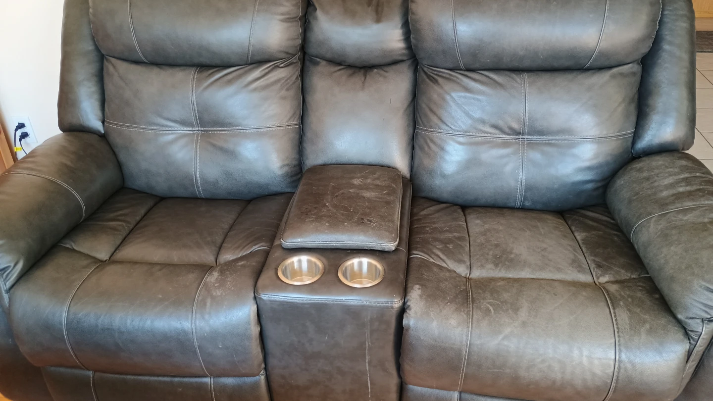 Grey Leather Loveseat Recliner with Cup Holders