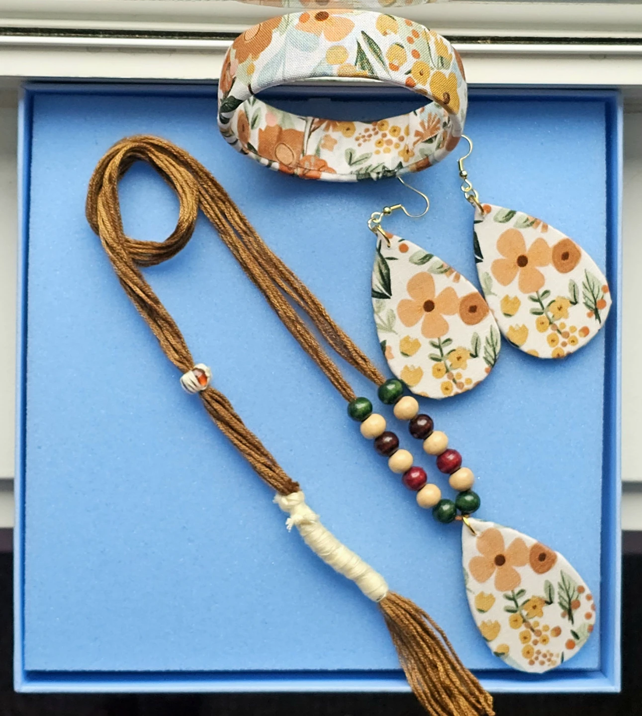 Fabric Floral Necklace, Earrings & Bracelet Set