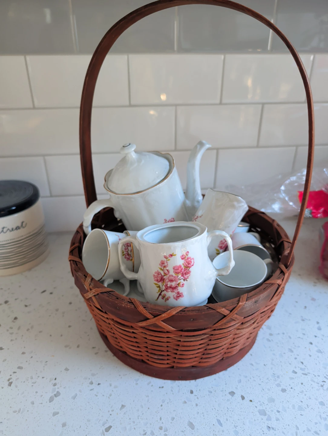 White Porcelain Tea Set with Pink Floral Design