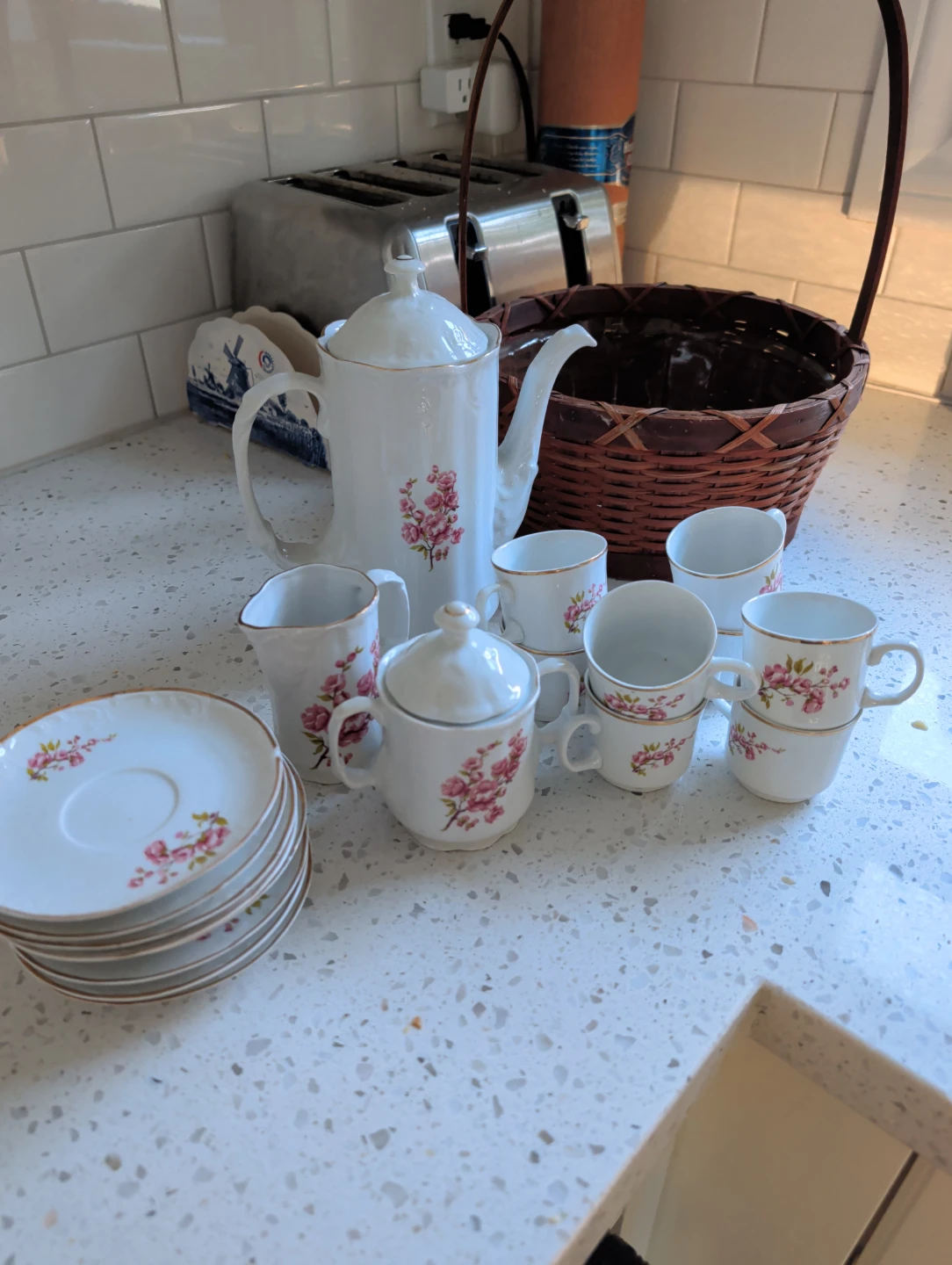 White Porcelain Tea Set with Pink Floral Design - photo 2