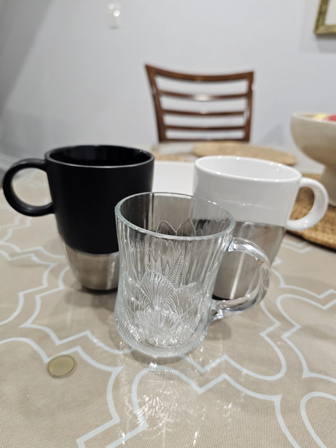Set of 3 Mugs - Black, White, and Clear Glass