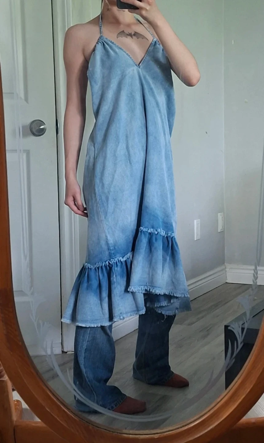 Light Wash Denim Maxi Dress with Ruffles