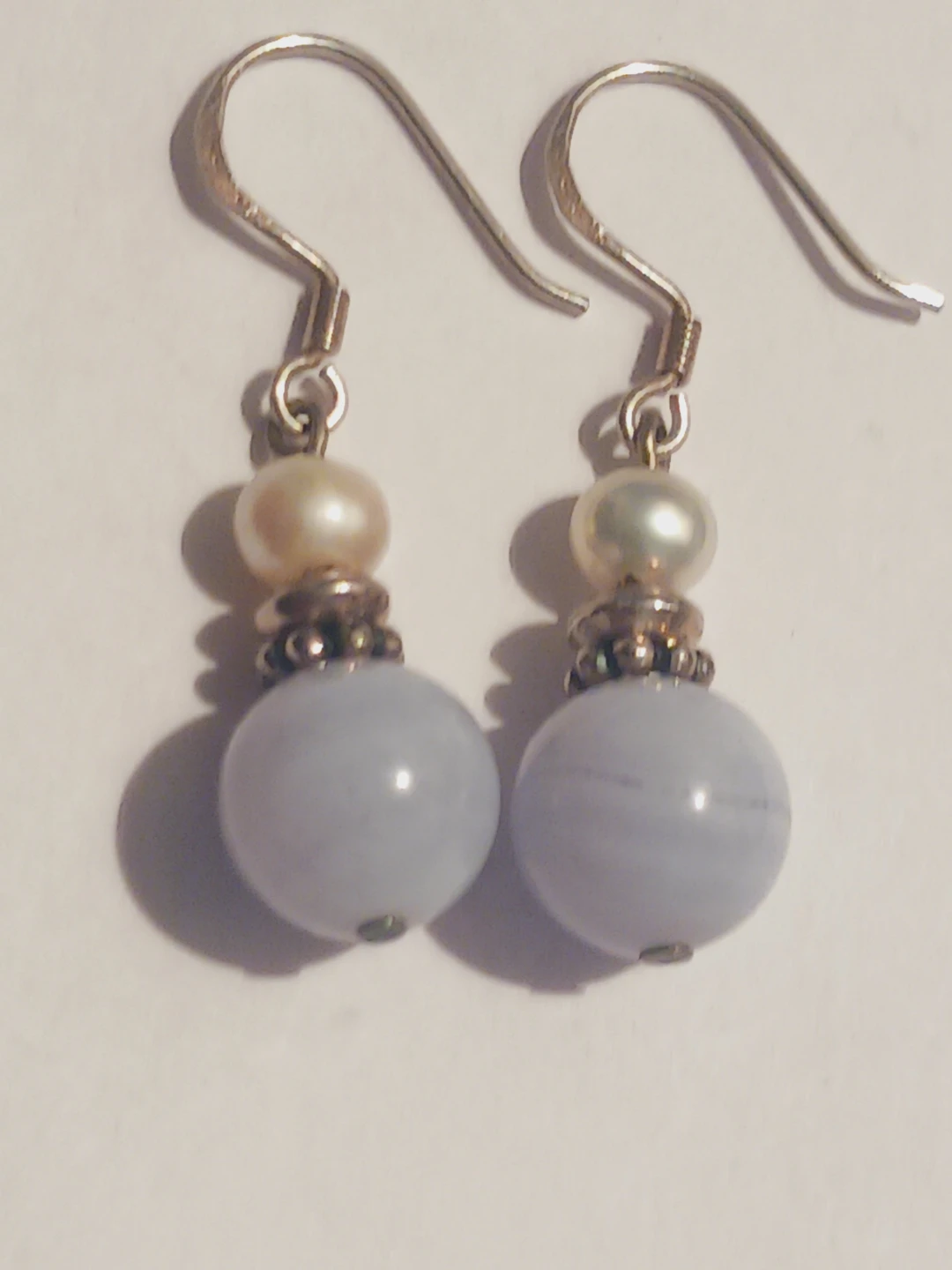 Sterling Silver 925 Blue Lace Agate & Pearl Dangle Earrings