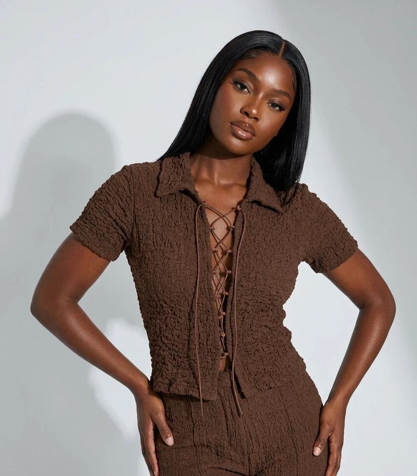 Brown Textured Lace-Up Collared Shirt