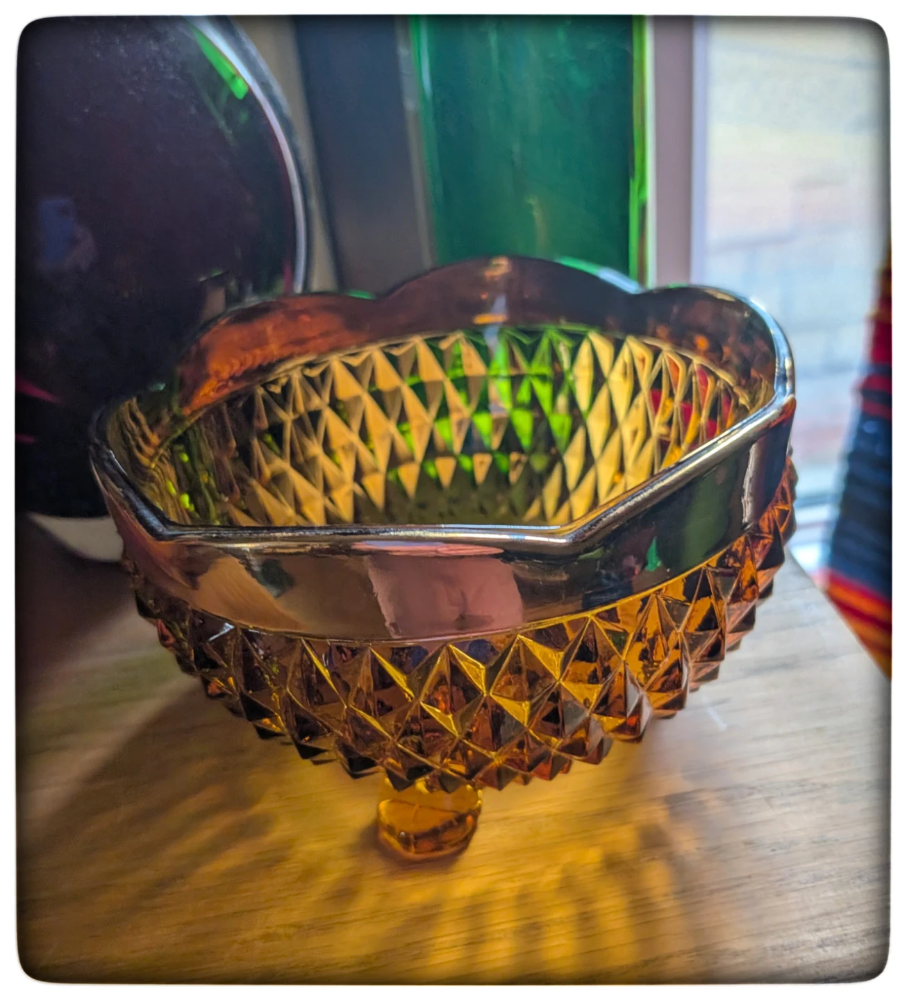 Amber Glass Diamond Cut Footed Bowl