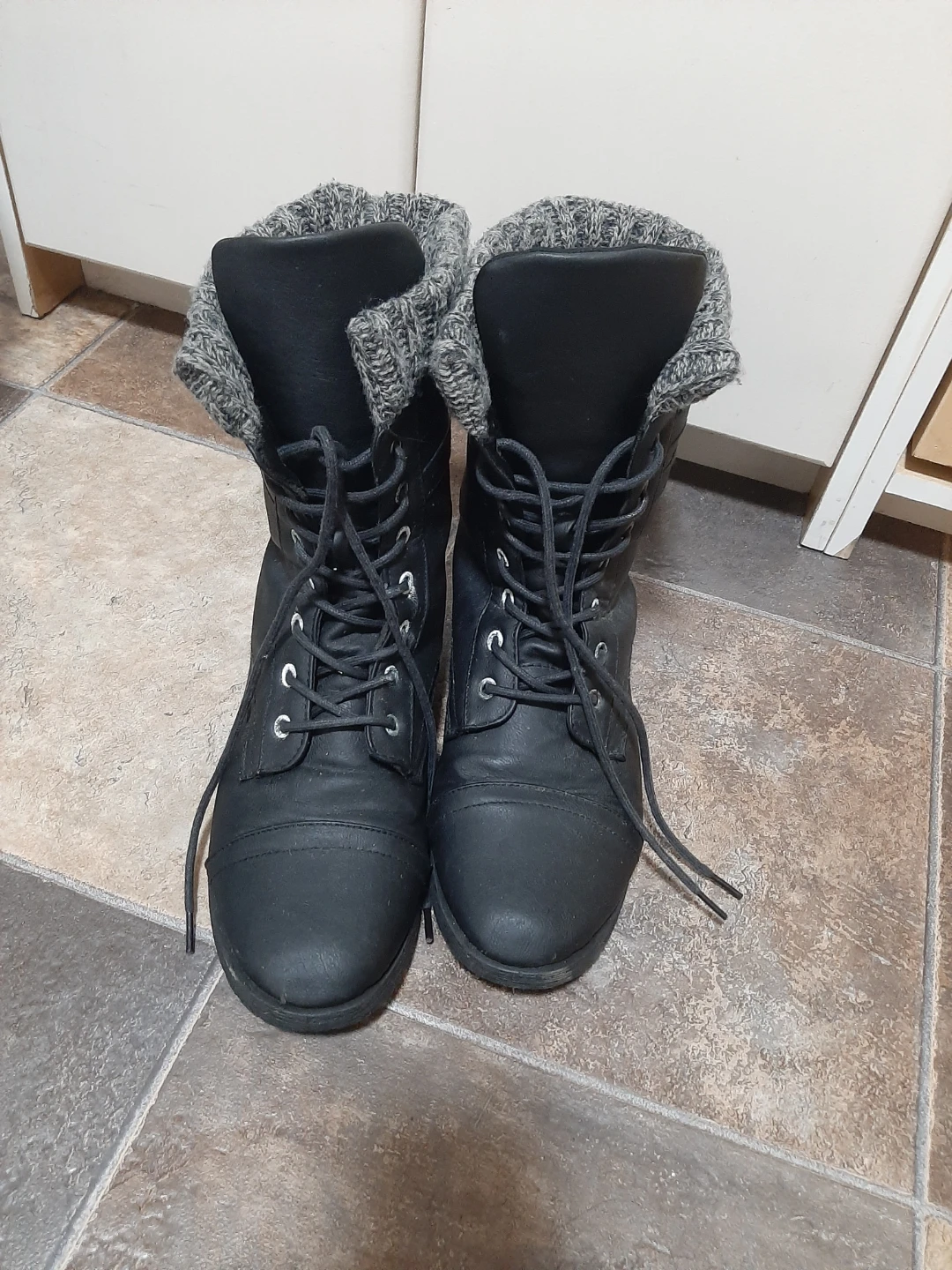 Black Combat Boots with Knit Cuffs - Size 10