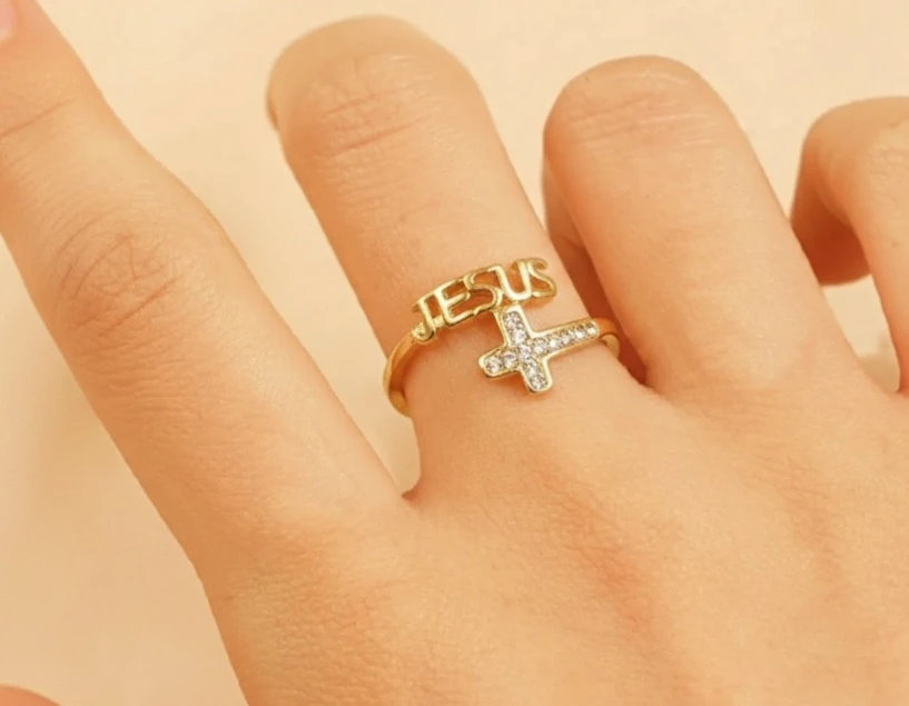 Jesus Cross Ring with Rhinestones
