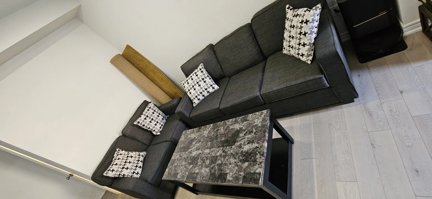 Dark Grey Sectional Sofa with Pillows, table and Carpet