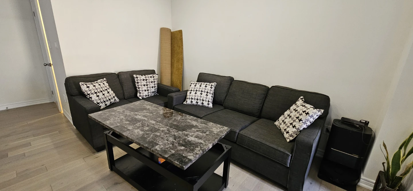 Dark Grey Sectional Sofa with Pillows, table and Carpet - photo 2