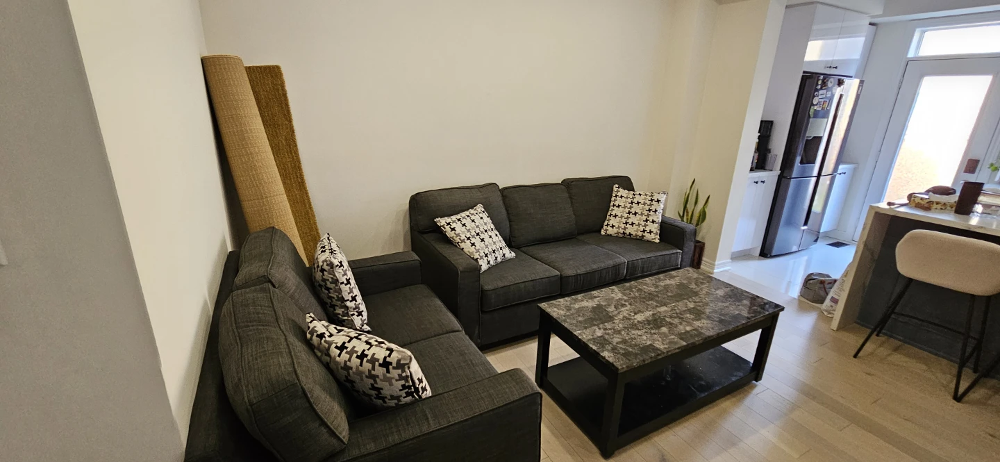 Dark Grey Sectional Sofa with Pillows, table and Carpet - photo 3