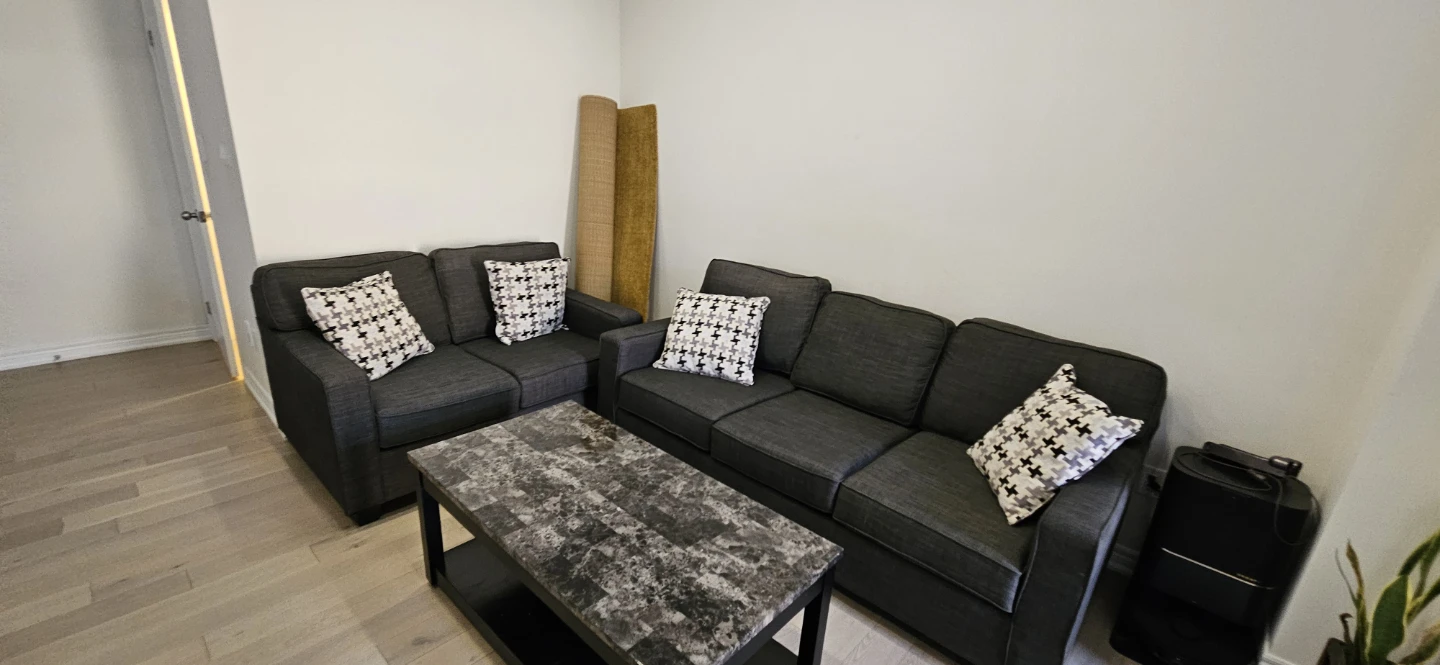Dark Grey Sectional Sofa with Pillows, table and Carpet - photo 4