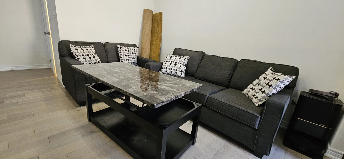 Dark Grey Sectional Sofa with Pillows, table and Carpet - photo 5