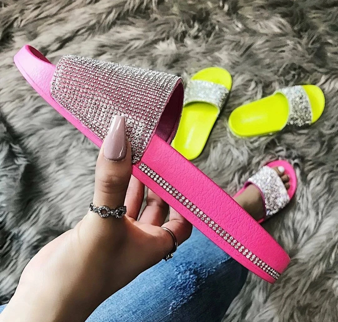Rhinestone Slides Sandals - Pink, green - photo 3