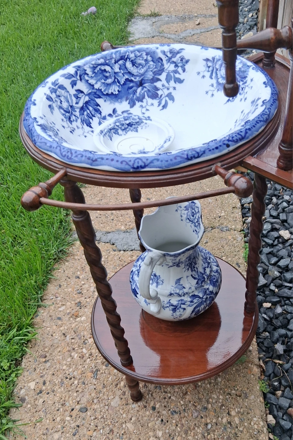 Antique Wash Stand with Mirror and Ceramic Basin
