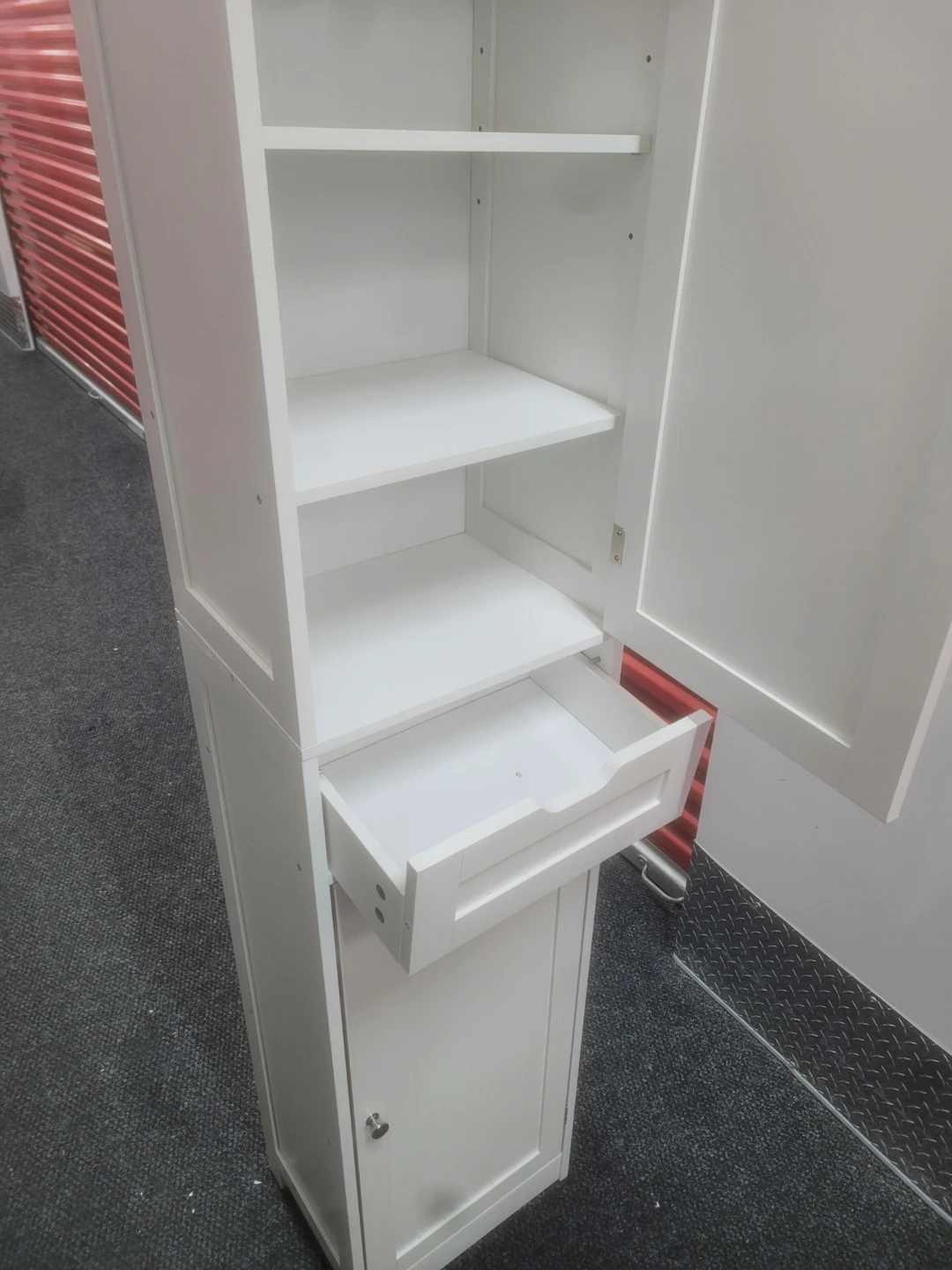 White Tall Storage Cabinet with Shelves and Drawer