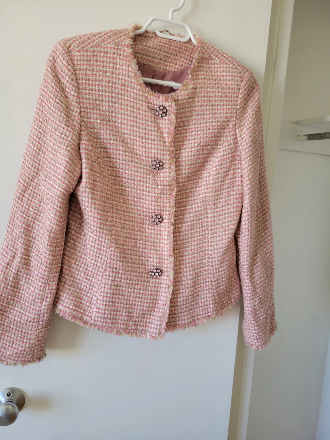 C&A Pink Tweed Blazer Jacket with Rhinestone Buttons
