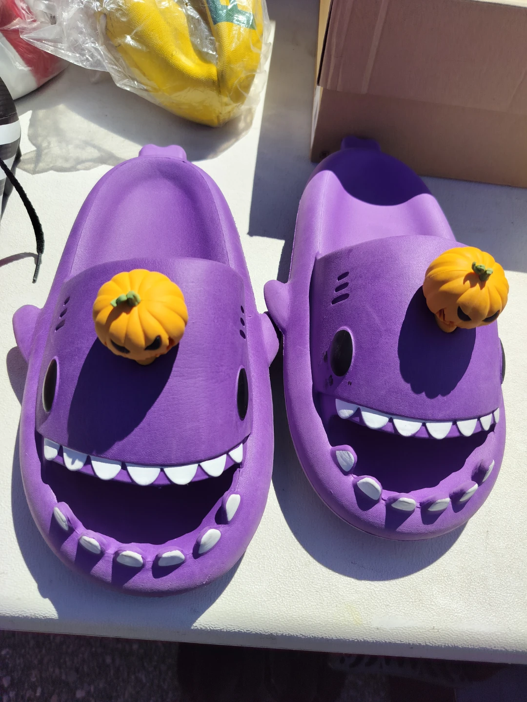 Purple Shark Slides with Pumpkin Detail - Size 44-45