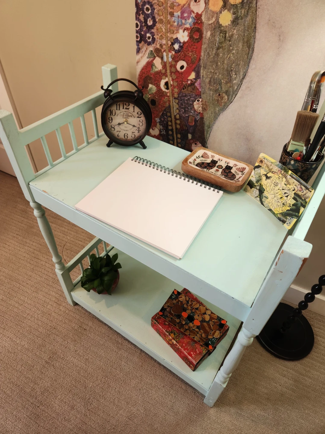 Solid wood vintage Light Blue Two-Tiered Accent Table