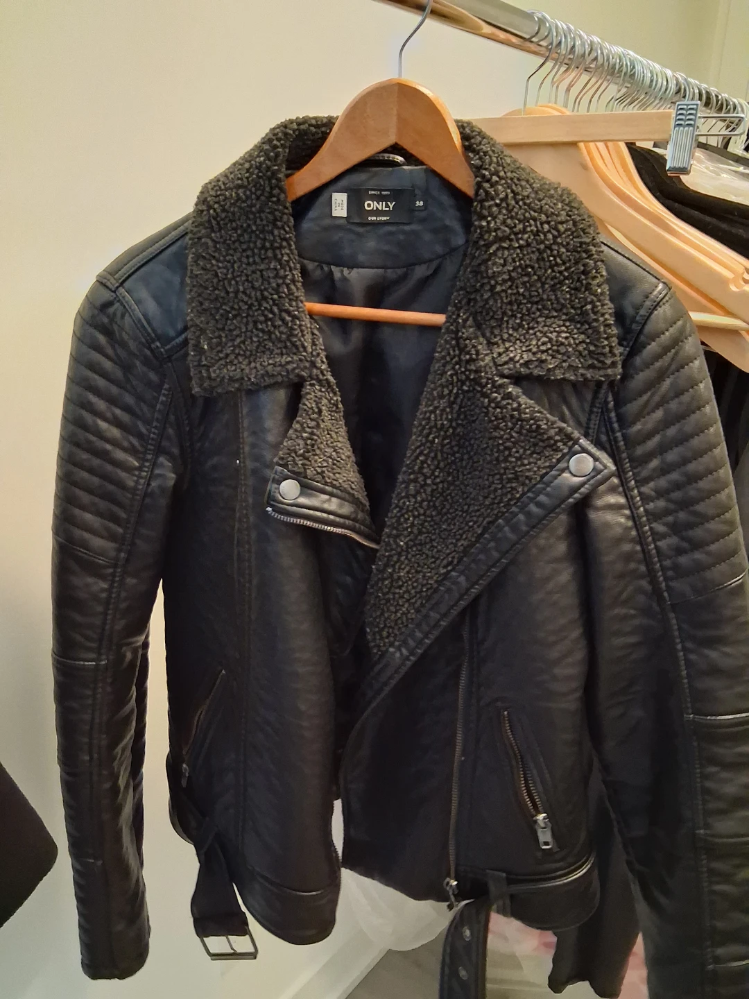 ONLY Faux Leather Biker Jacket with Sherpa Collar - Size 38