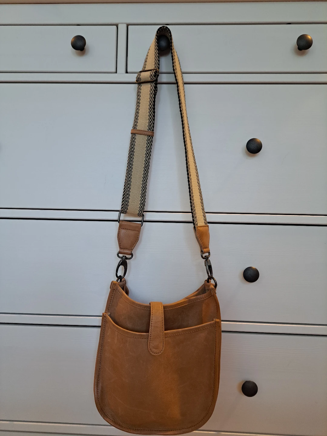 Tan Leather Crossbody Bag with Woven Strap