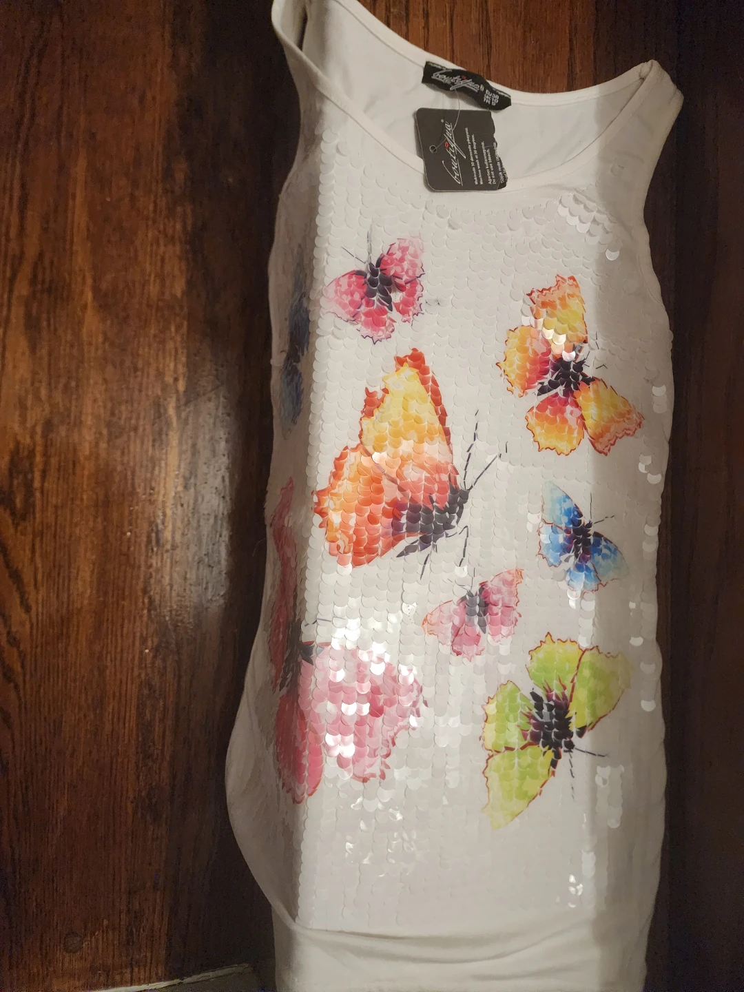 GUITTIQUA White Sequin Butterfly Tank Top