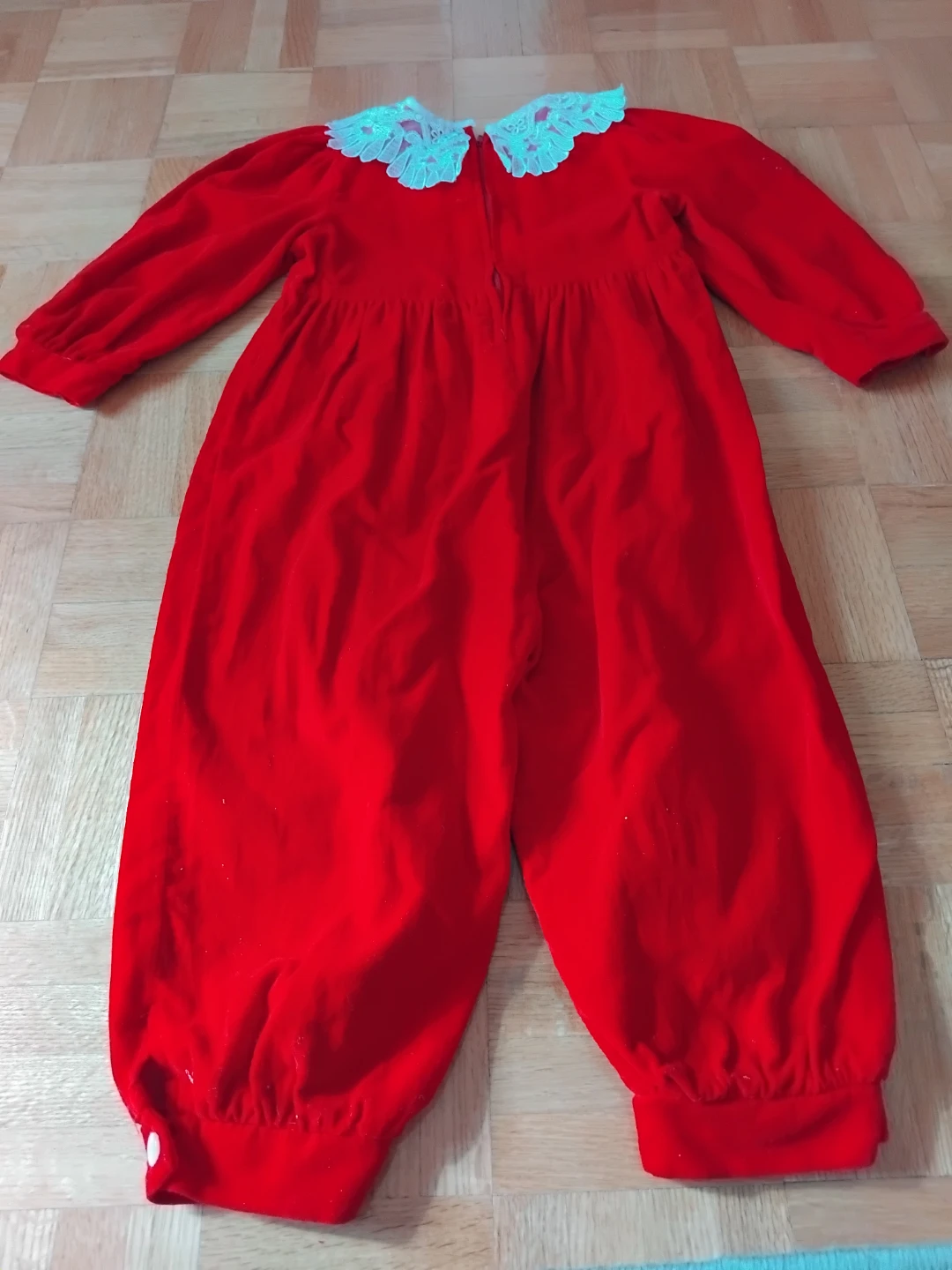 Red velour toddler jumpsuit with lace collar - photo 2
