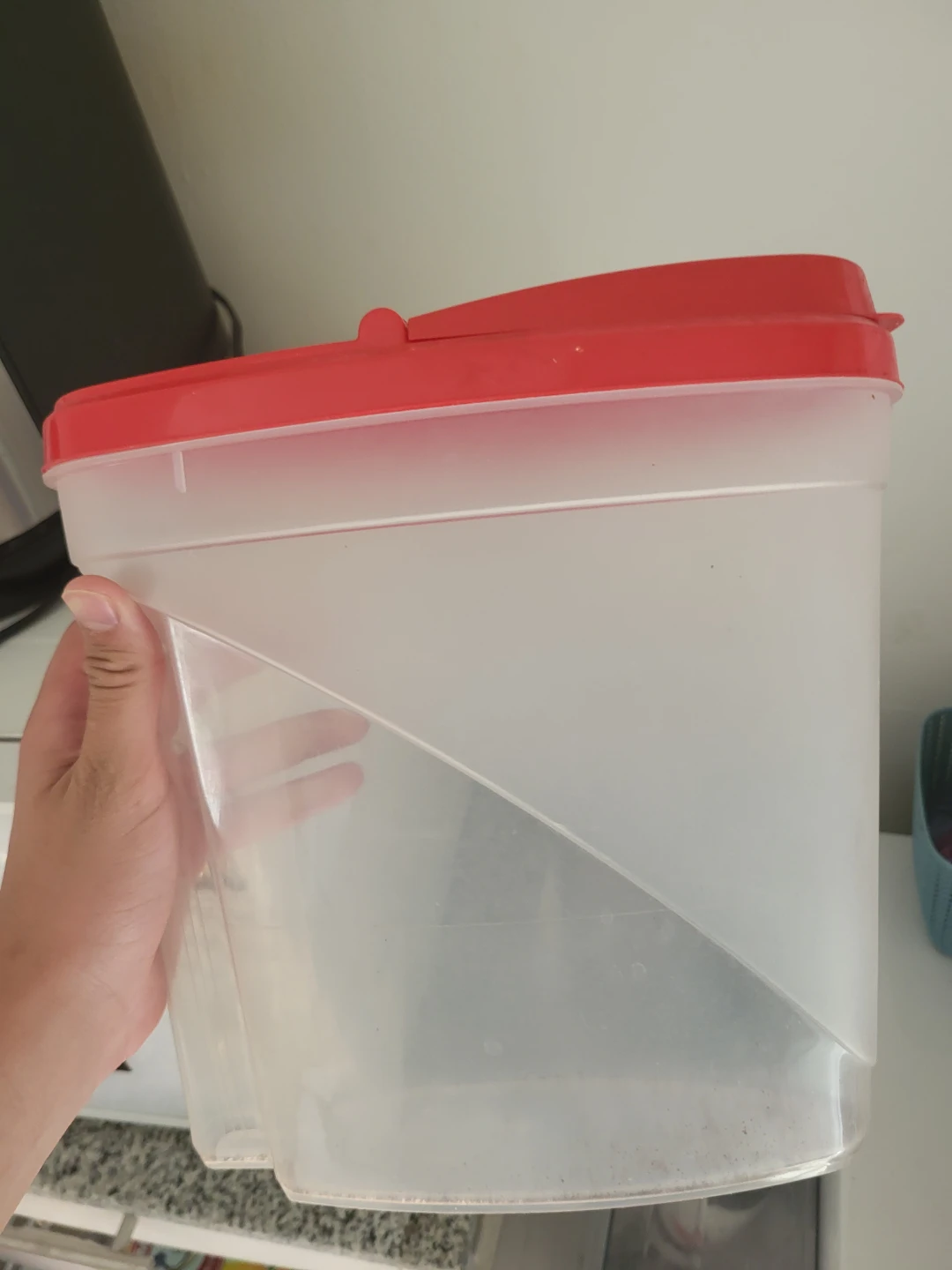Plastic food storage container with red lid