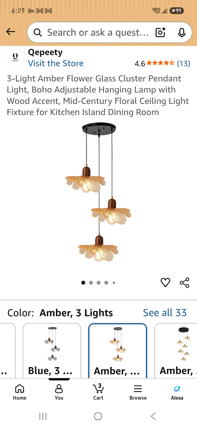 3-Light Amber Flower Glass Cluster Pendant Light