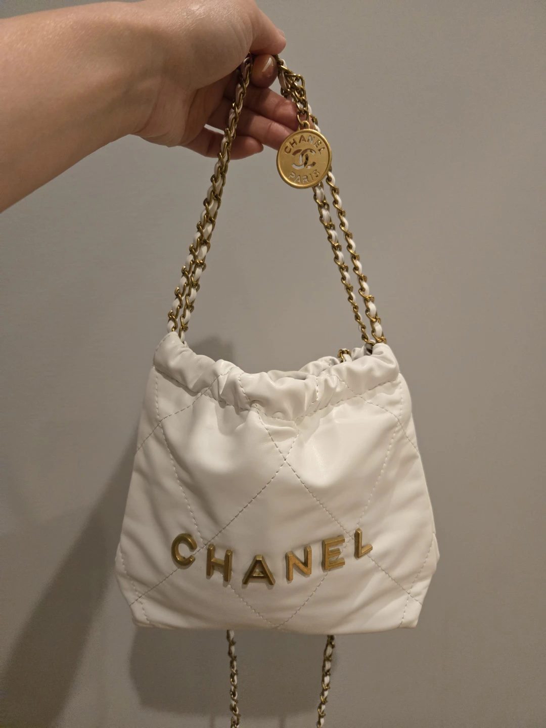 Chanel White Quilted 22 Drawstring Mini Bag