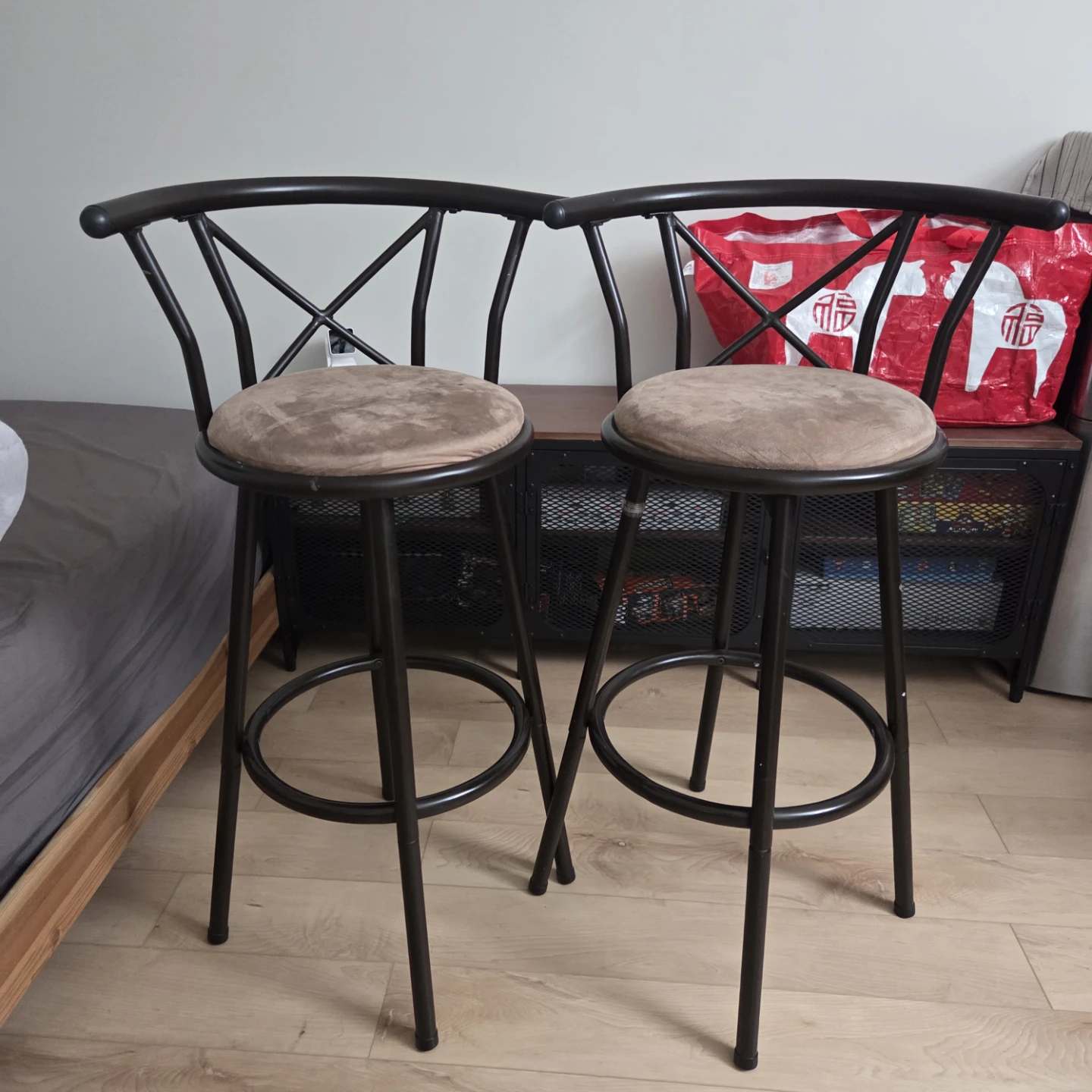 Set of 2 Brown Swivel Bar Stools with Backs