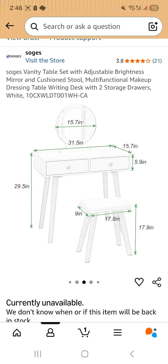 Soges Vanity Table Set with Stool - White - photo 3