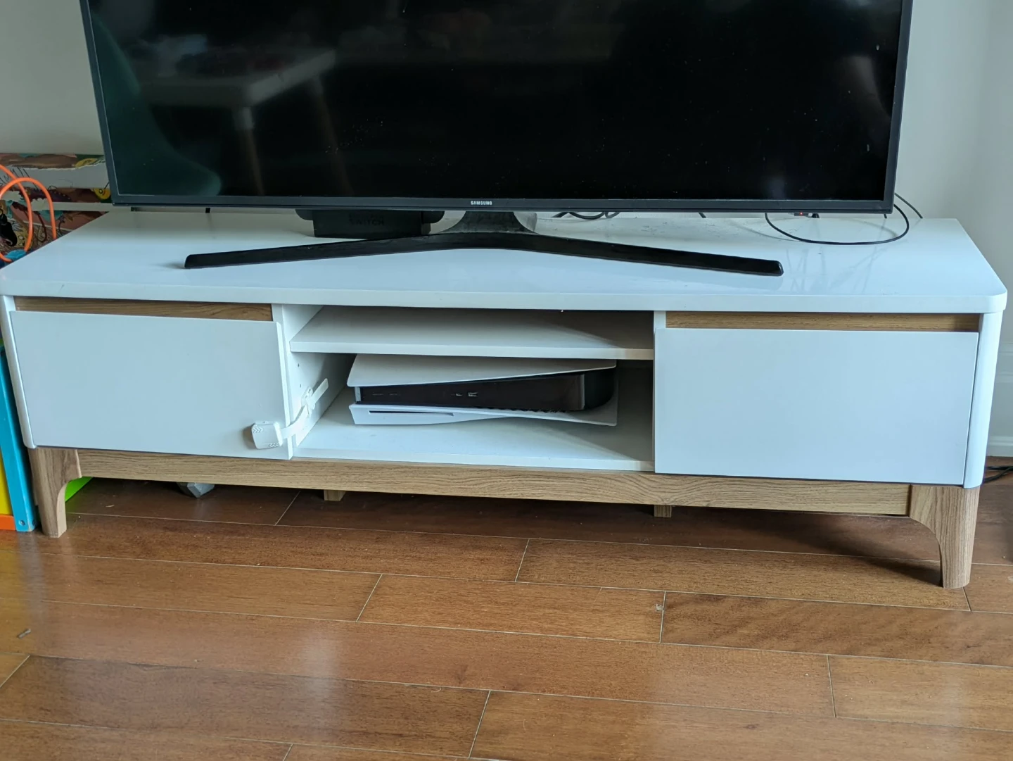 White TV Stand/Media Unit with Wood Accents - photo 2
