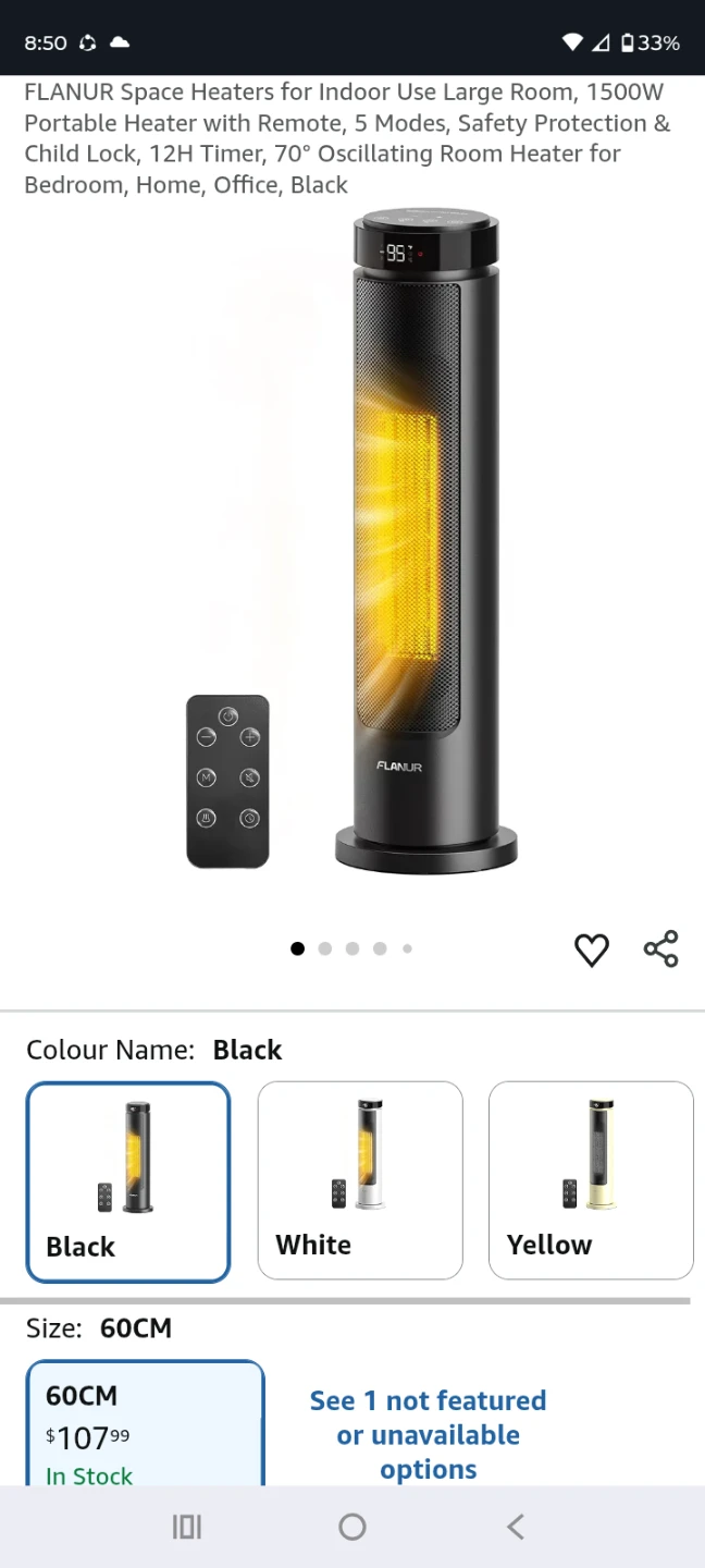 FLANUR Black 1500W Portable Space Heater with Remote