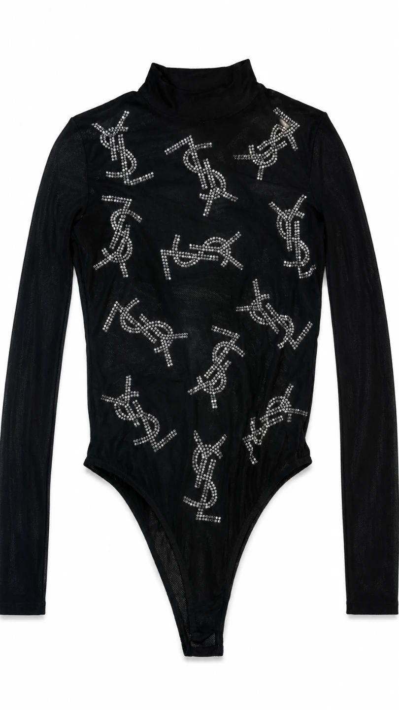 Saint Laurent Black Mesh Bodysuit with Rhinestone YSL Logo