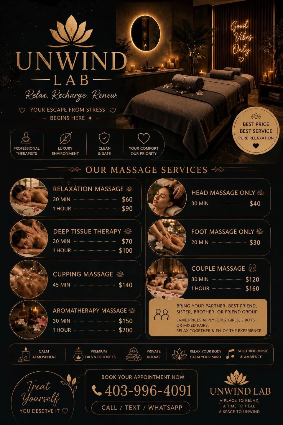 Unwind Lab Massage Services Price List
